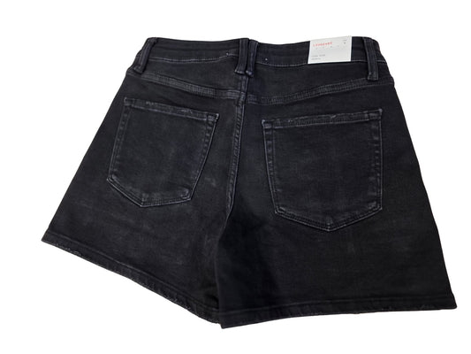 Black denim shorts on a white background