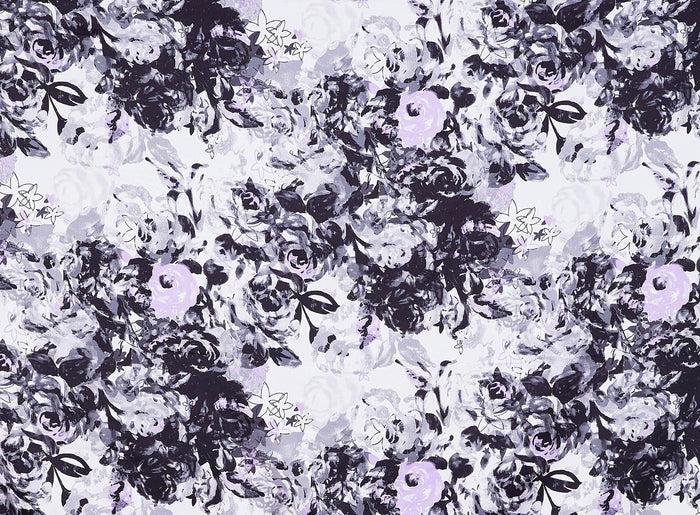 Floral pattern with lavender, black and white flowers 