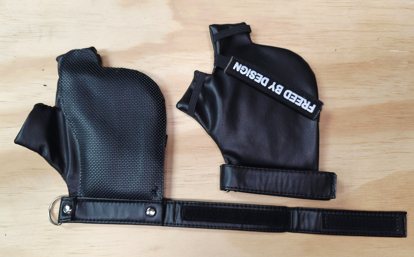black faux leather disability gloves