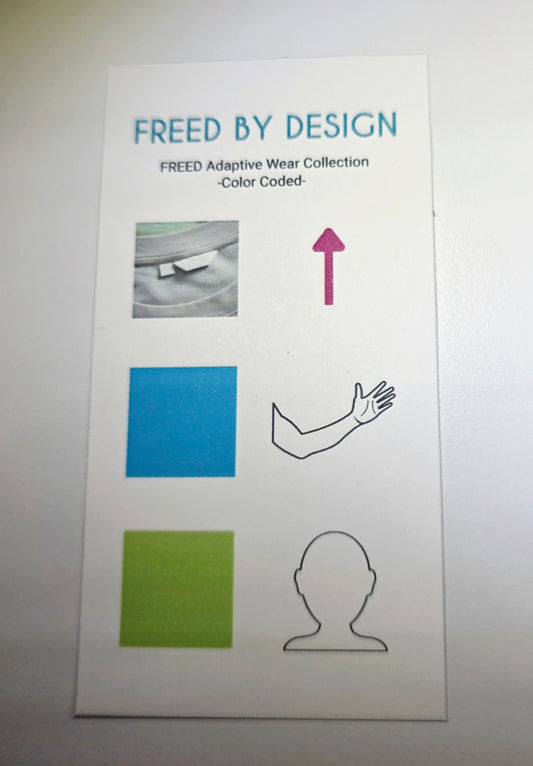 Freed by Design adaptive wear collection guide with color-coded squares and illustrations.