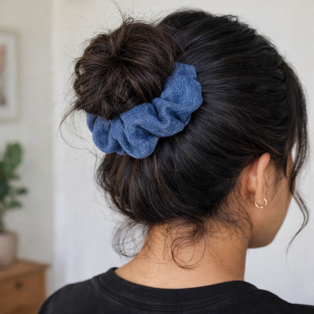 denim scrunchie in woman's hair