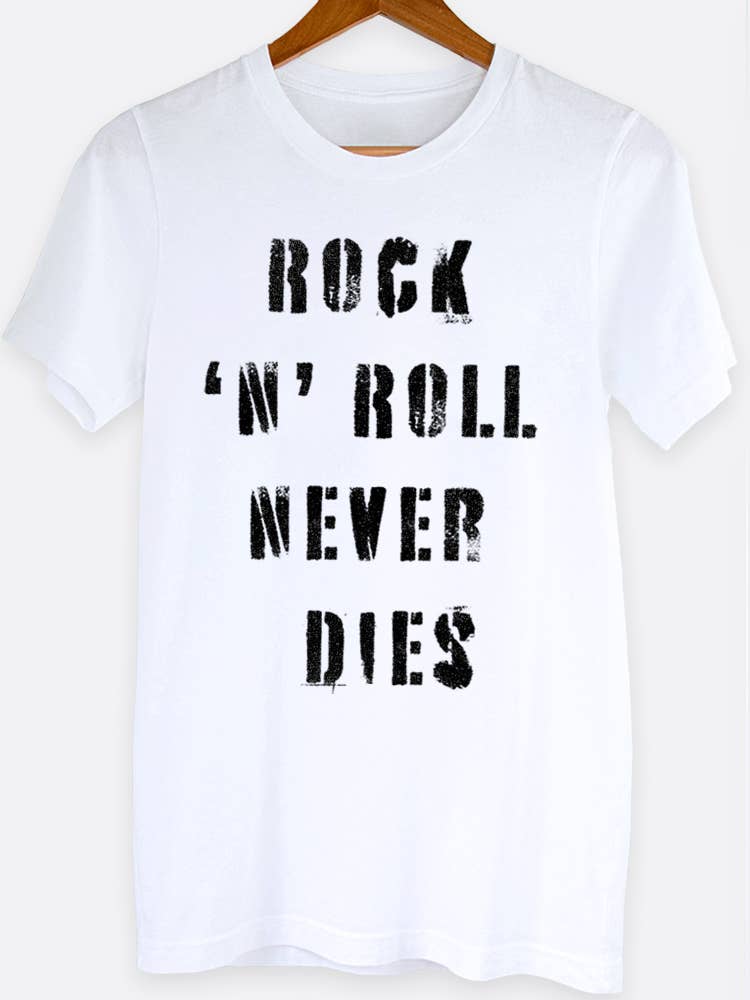 white tee with black lettering