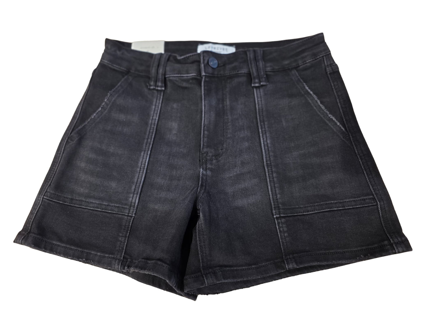 Black denim shorts on a white background