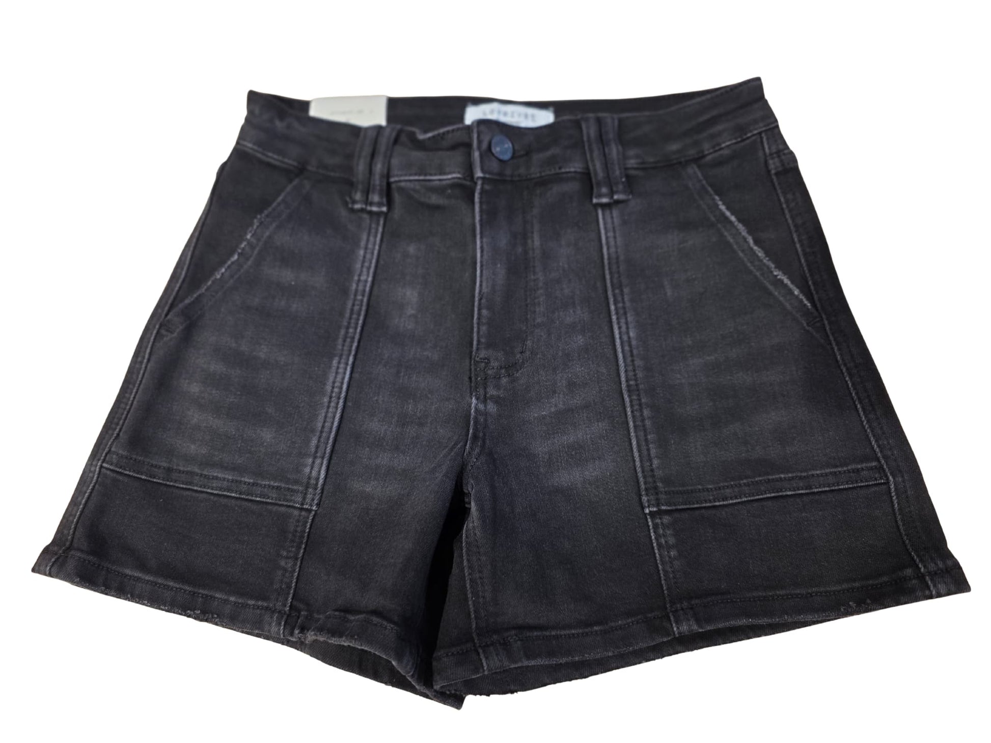 Black denim shorts on a white background